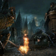 Masked character in Bloodborne carrying torch crouches as they prepare to confront an angry werewolf about to pounce.